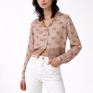 Nanushka 100% Silk Cropped Blouse Top Shirt Paisley Button Up Beige Size Small